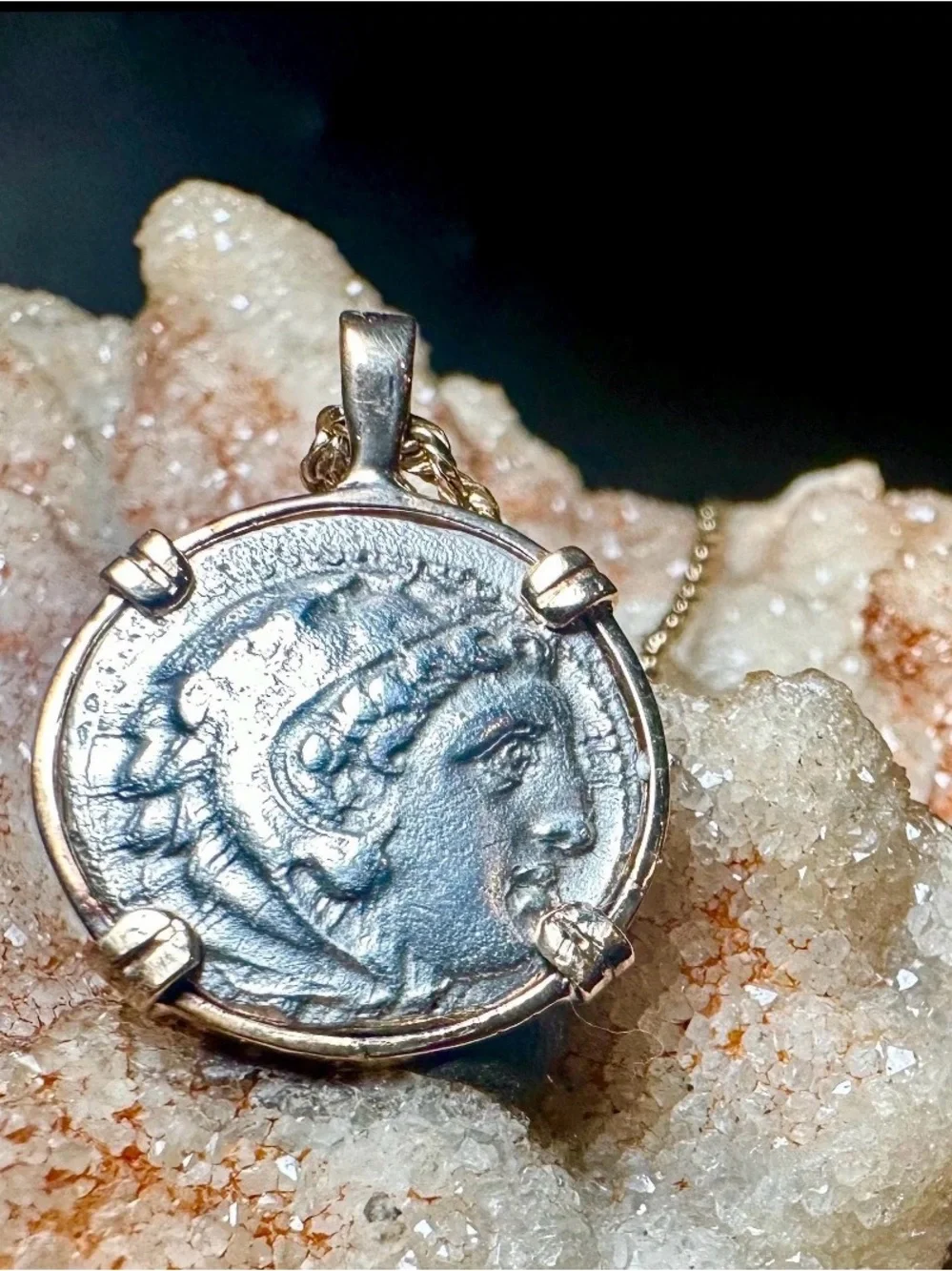 Ancient Greek Silver Coin Pendant Gold Bezel Heracles Zeus Alexander w/ COA